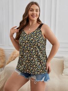 SHEIN Frenchy 波西米亞蕾絲拼接小碎花大尺碼背心 - 黃色 - 查看 4