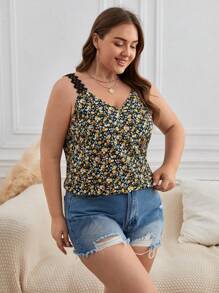 SHEIN Frenchy 波西米亞蕾絲拼接小碎花大尺碼背心 - 黃色 - 查看 6