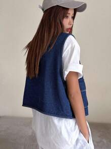 DAZY 翻蓋口袋前紐扣馬甲牛仔夾克 - 藍色 - 查看 2