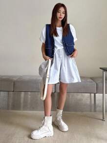 DAZY 翻蓋口袋前紐扣馬甲牛仔夾克 - 藍色 - 查看 4