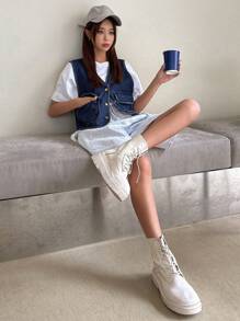 DAZY 翻蓋口袋前紐扣馬甲牛仔夾克 - 藍色 - 查看 5