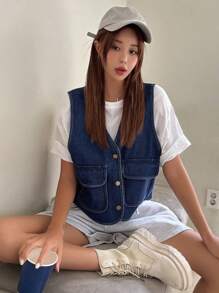 DAZY 翻蓋口袋前紐扣馬甲牛仔夾克 - 藍色 - 查看 6