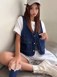 DAZY 翻蓋口袋前紐扣馬甲牛仔夾克 - 藍色 - 查看 7