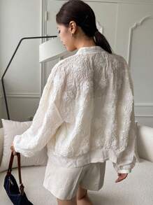 DAZY 提花落肩袖拉鏈開襟飛行員夾克 - 白色 - 查看 4