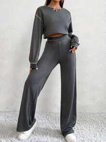 SHEIN Unity 頂針落肩袖短款T恤和褲子 - 灰色 - 查看 1