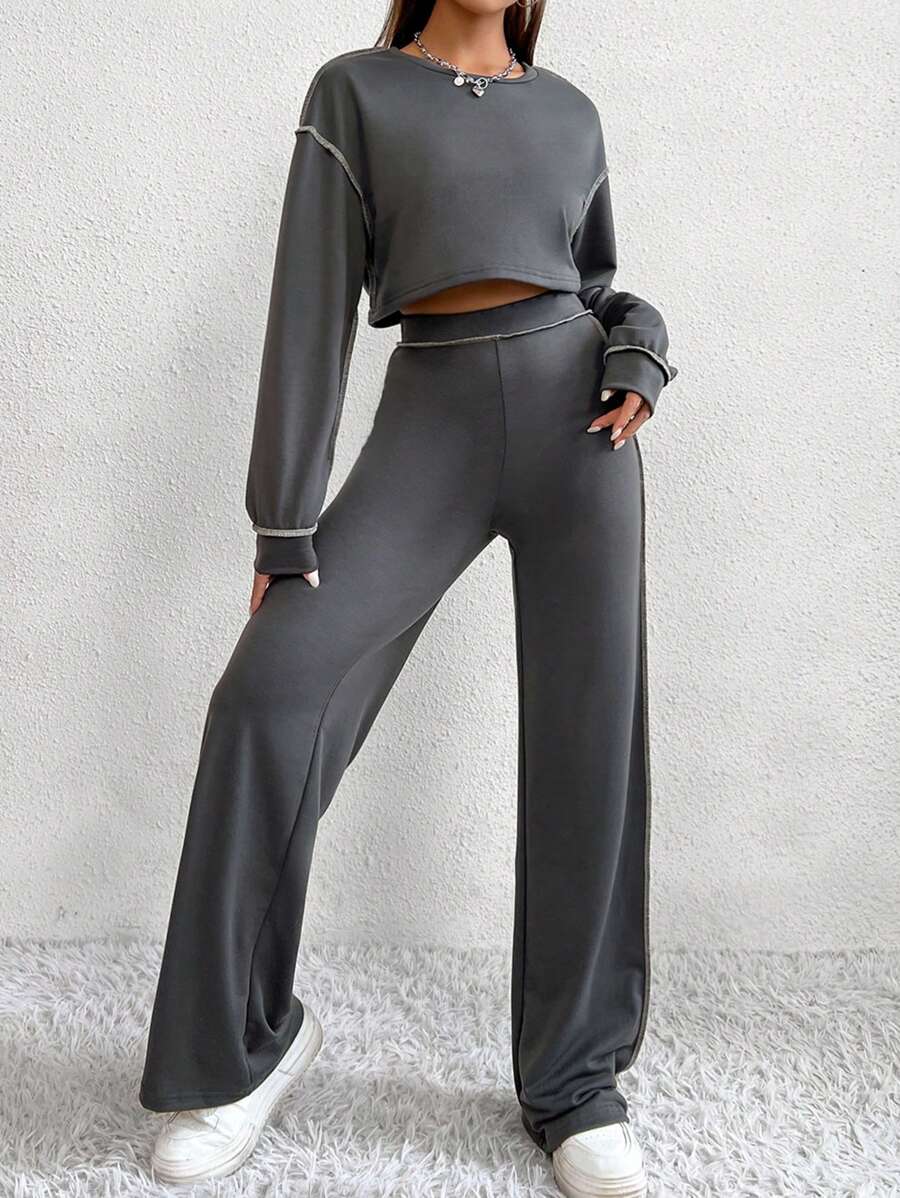 SHEIN Unity 頂針落肩袖短款T恤和褲子 - 灰色 - 查看 1