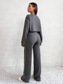 SHEIN Unity 頂針落肩袖短款T恤和褲子 - 灰色 - 查看 2