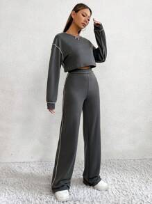 SHEIN Unity 頂針落肩袖短款T恤和褲子 - 灰色 - 查看 3