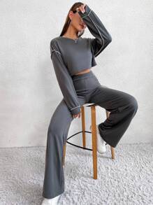 SHEIN Unity 頂針落肩袖短款T恤和褲子 - 灰色 - 查看 4