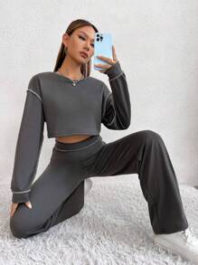 SHEIN Unity 頂針落肩袖短款T恤和褲子 - 灰色 - 查看 5