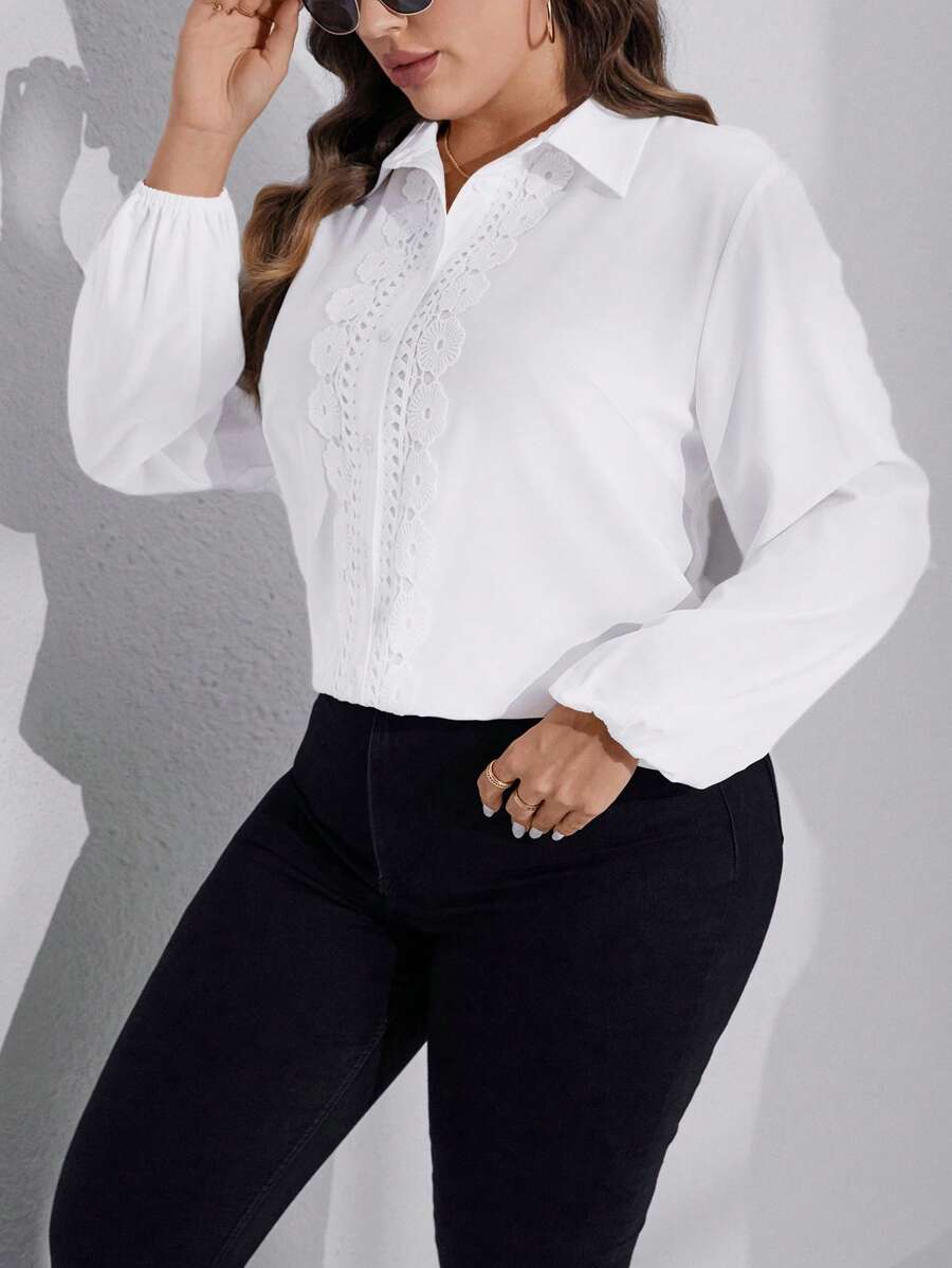 SHEIN LUNE 大碼水溶蕾絲拼接燈籠袖襯衫 - 白色 - 查看 1