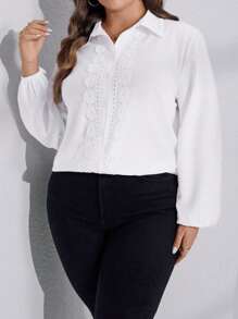SHEIN LUNE 大碼水溶蕾絲拼接燈籠袖襯衫 - 白色 - 查看 4