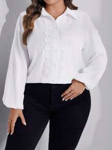 SHEIN LUNE 大碼水溶蕾絲拼接燈籠袖襯衫 - 白色 - 查看 5
