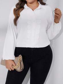 SHEIN LUNE 大碼水溶蕾絲拼接燈籠袖襯衫 - 白色 - 查看 6