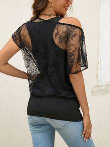 SHEIN Clasi Asymmetrical Neck Lace Top Without Bra - Black - View 2
