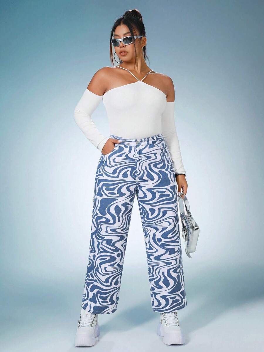 SHEIN ICON Hơn In Toàn bộ Quần legging thẳng - Xanh và trắng - Xem 1