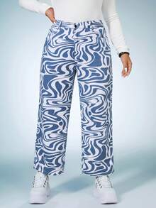 SHEIN ICON Hơn In Toàn bộ Quần legging thẳng - Xanh và trắng - Xem 2