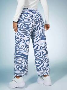 SHEIN ICON Hơn In Toàn bộ Quần legging thẳng - Xanh và trắng - Xem 4