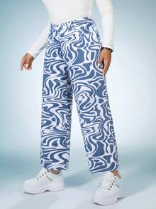 SHEIN ICON Hơn In Toàn bộ Quần legging thẳng - Xanh và trắng - Xem 5