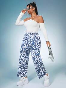 SHEIN ICON Hơn In Toàn bộ Quần legging thẳng - Xanh và trắng - Xem 6