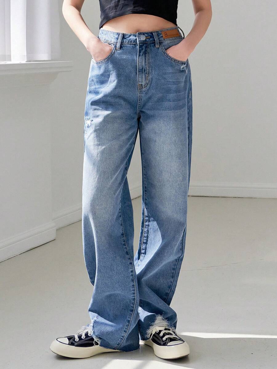 DAZY Raw Hem Washed Ripped Jeans - Medium Wash - View 1