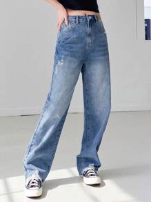 DAZY Raw Hem Washed Ripped Jeans - Medium Wash - View 5