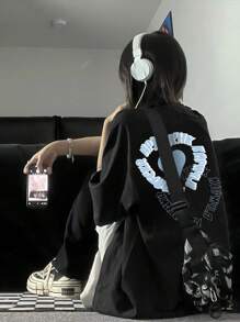 Camiseta de hombros caídos con estampado de letra - Negro - Ver 1