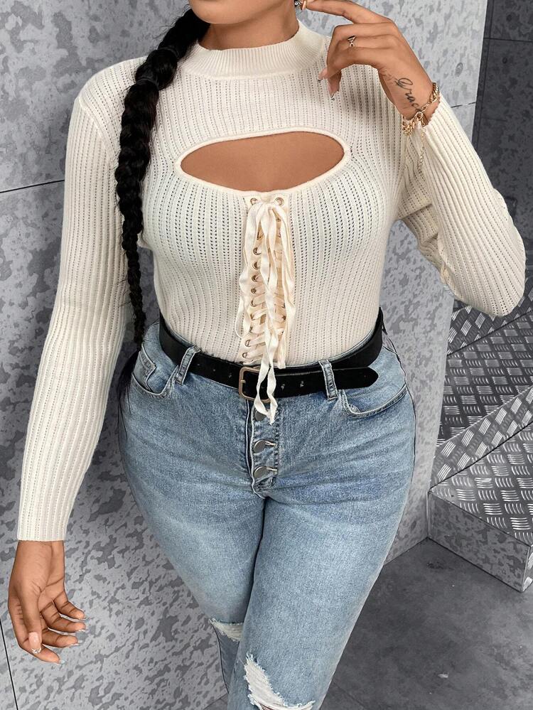 Plus Cut Out Lace Up Front Mock Neck Sweater Knit Pullover Fall Winter Sweater
