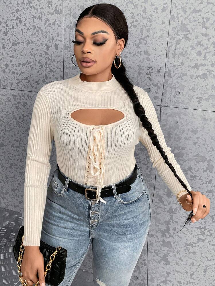 Plus Cut Out Lace Up Front Mock Neck Sweater Knit Pullover Fall Winter Sweater