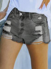 破洞毛邊牛仔短褲 - 深灰色 - 查看 4
