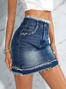 SHEIN Essnce Studded Detail Raw Trim Denim Skirt - Medium Wash - View 5