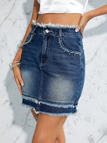 SHEIN Essnce Studded Detail Raw Trim Denim Skirt - Medium Wash - View 6