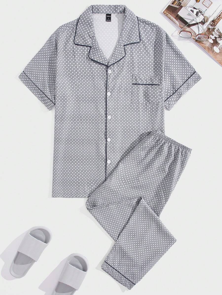 Men Allover Print Contrast Piping PJ Set - Grey - View 1