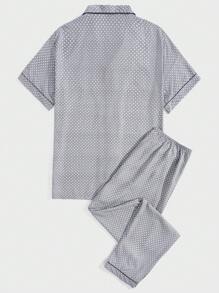 Men Allover Print Contrast Piping PJ Set - Grey - View 2