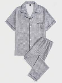 Men Allover Print Contrast Piping PJ Set - Grey - View 5