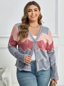 Calvaya Hơn Mô hình Chevron Khối màu Áo len Mở - Nhiều màu - Xem 2