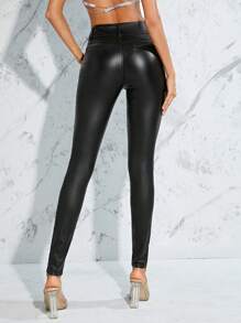 Zolique 女士休闲纯色不对称腰部修身裤 - 黑色 - 查看 2