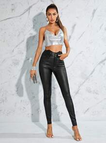 Zolique 女士休闲纯色不对称腰部修身裤 - 黑色 - 查看 4