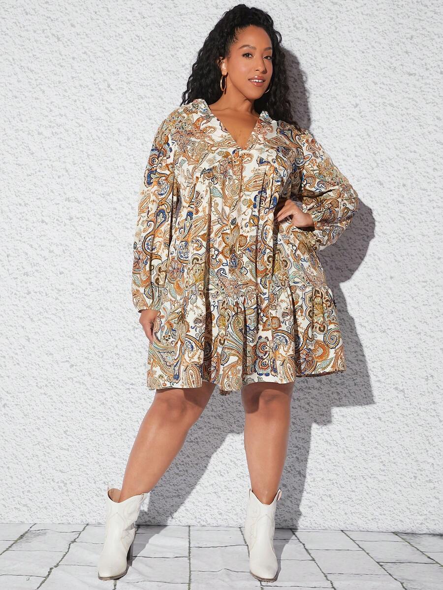SHEIN CURVE+ Plus Paisley Print Lantern Sleeve Ruffle Hem Smock Dress - Multicolor - View 1