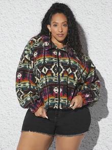 SHEIN CURVE+ 大碼幾何印花落肩袖夾克 - 彩色 - 查看 3