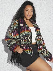 SHEIN CURVE+ 大碼幾何印花落肩袖夾克 - 彩色 - 查看 4