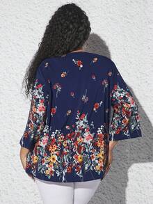SHEIN CURVE+ Plus Floral Print Guipure Lace Trim Blouse - Multicolor - View 2