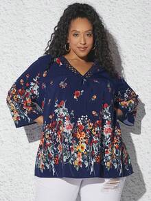 SHEIN CURVE+ Plus Floral Print Guipure Lace Trim Blouse - Multicolor - View 5