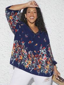 SHEIN CURVE+ Plus Floral Print Guipure Lace Trim Blouse - Multicolor - View 3
