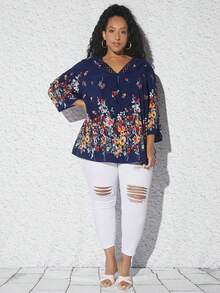 SHEIN CURVE+ Plus Floral Print Guipure Lace Trim Blouse - Multicolor - View 4