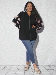 SHEIN CURVE+ Hơn In hoa Thả vai áo có mũ Áo khoác - màu đen - Xem 6