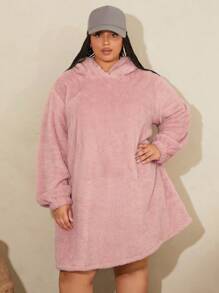 SHEIN CURVE+ 大碼落肩袖3D耳朵設計連帽法蘭絨衛衣洋裝 - 藕粉色 - 查看 5