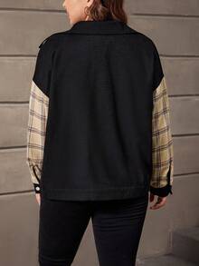 SHEIN LUNE Plus Plaid Print Drop Shoulder Flap Pocket Corduroy Jacket - Multicolor - View 2