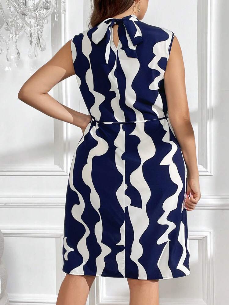 Plus Wave Striped Print Mock Neck Belted Dress