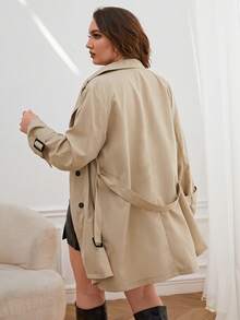 SHEIN Privé 大碼扣飾袖雙排釦腰帶風衣外套